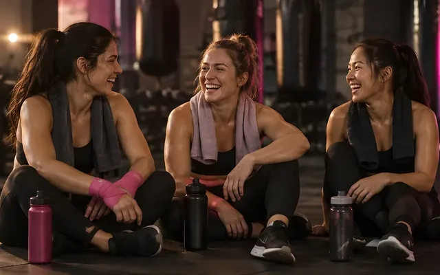 Frauen lachen nach dem Training auf der Matte