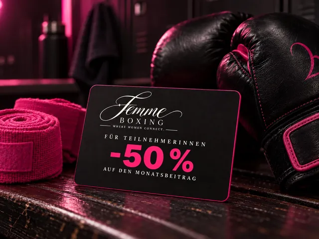 Femme-Boxing-Karte mit 50 % auf den Monatsbeitrag neben Boxhandschuhen